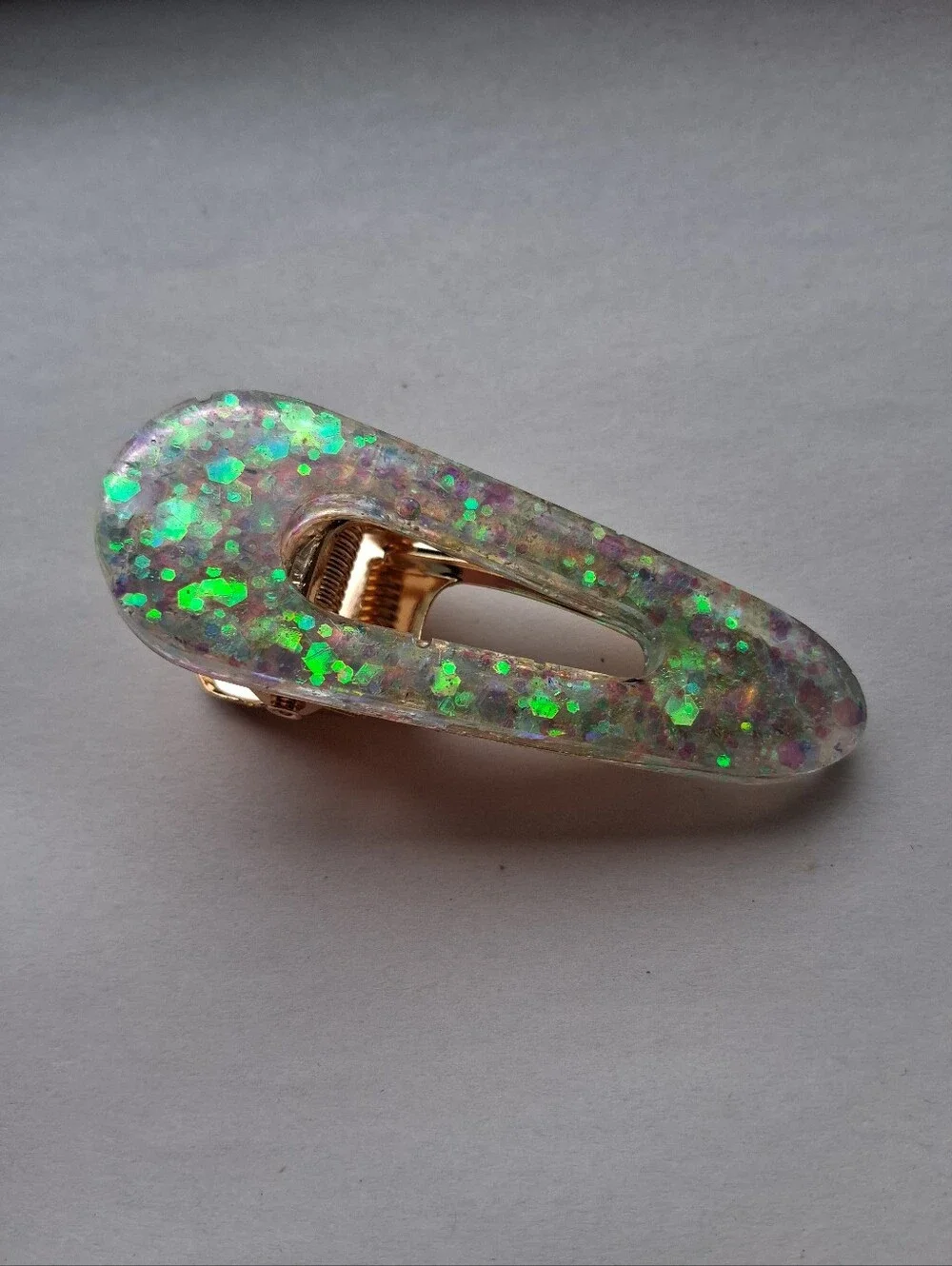 5/$25 Hand Crafted Iridescent Glitter Hair Clip with Green Sparkles